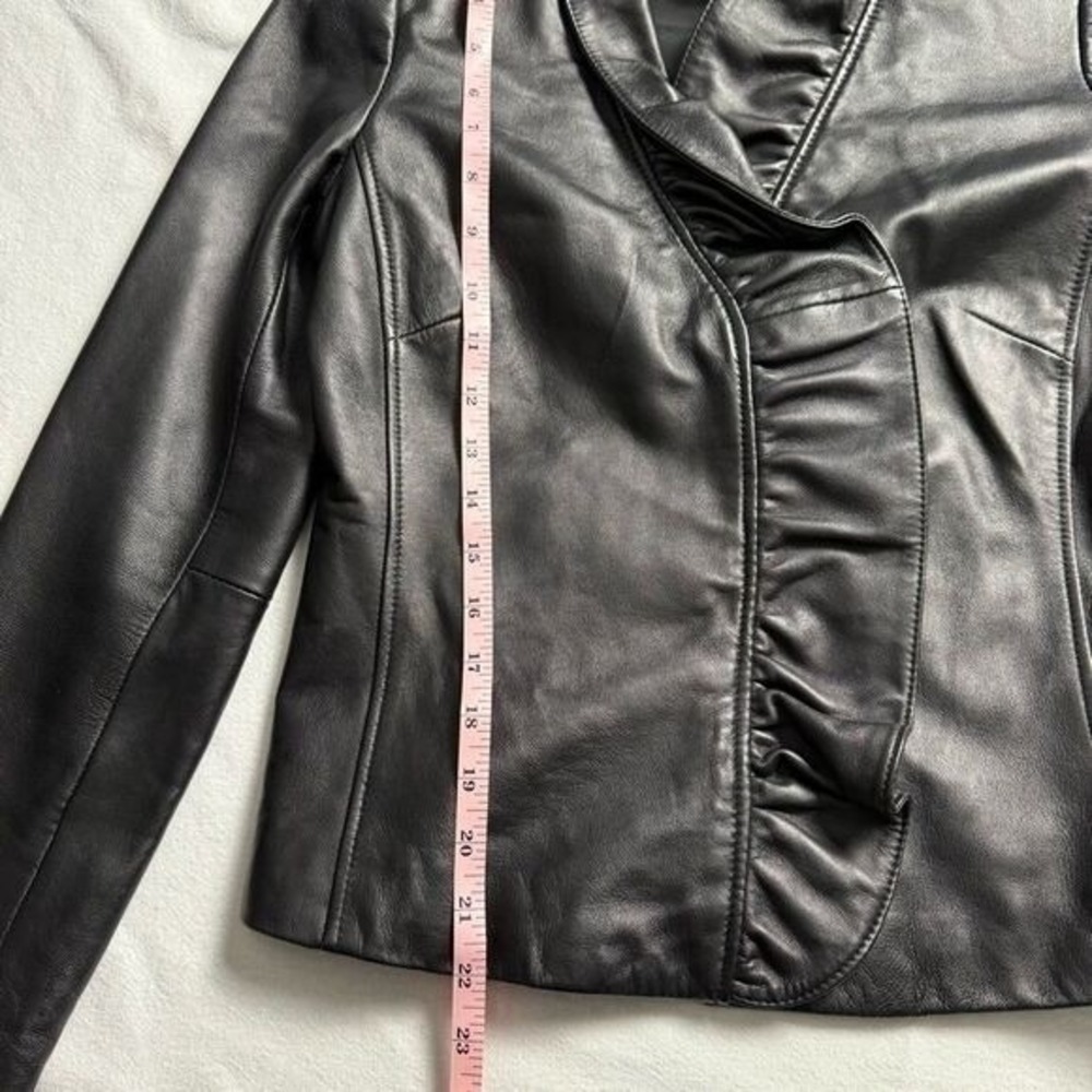 INC International Concepts Black‎ Leather Ruffle Jacket Women S Moto Chic - Picture 10 of 14